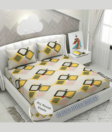 Apala Microfibre Abstract Printed Fitted Double Bedsheet With 2 Pillow Covers- Cream