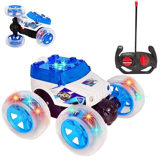 Braintastic Rechargeable RC Remote Control 360 Degree Stunt Function Twisting 4x4 Off-Road Police Acrobat Car with 5D Colorful Lights & Music Toys for Kids (Blue)