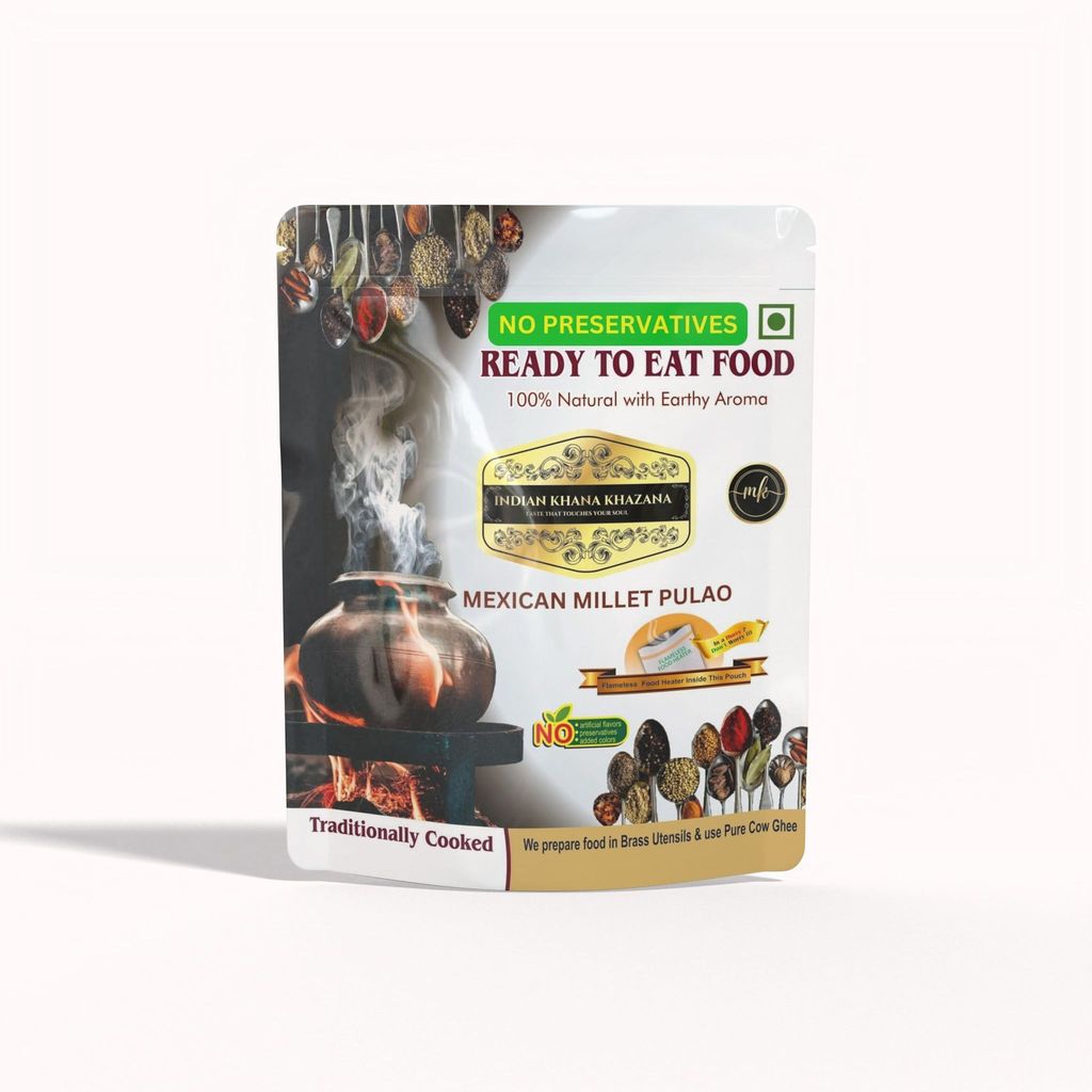INDIAN KHANA KHAZANA Mexican Millet Pulao | No Added Preservative and Colours | Serve Hot Anytime Anywhere with our Disposable-Cooker inside the Pack | Indian Tasty Flavour Ready to Eat Food Mexican Millet Pulao.