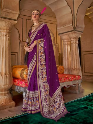 Purple Soft Silk Baluchari Printed Saree