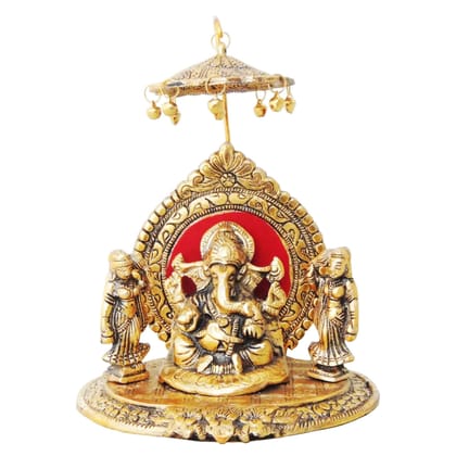 Aluminium Ganesh Ji Idol With Riddhi Siddhi – Gold Finish Showpiece, Height : 8.5 Inch (ASMAS133 G)