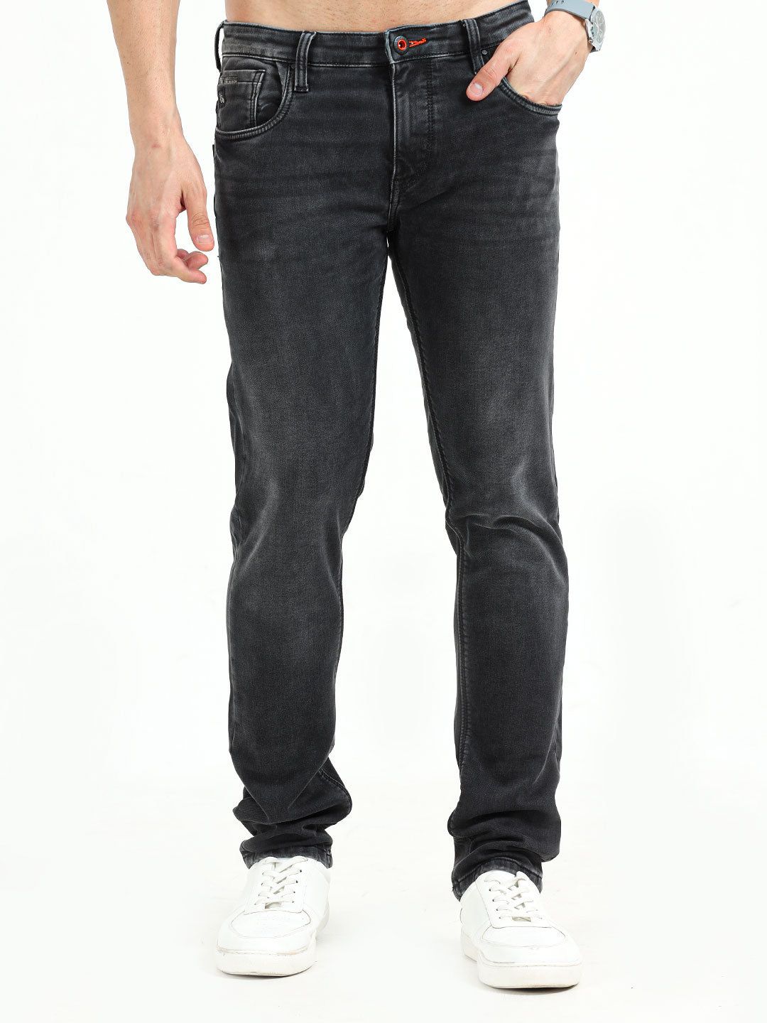 Men's Knitted Mid-Rise Stretchable Black Wash Jeans | Rick Rogue-34