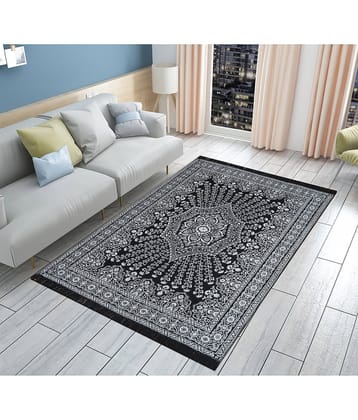 FURNISHING HUT Black Cotton Carpet Floral 5x7 Ft