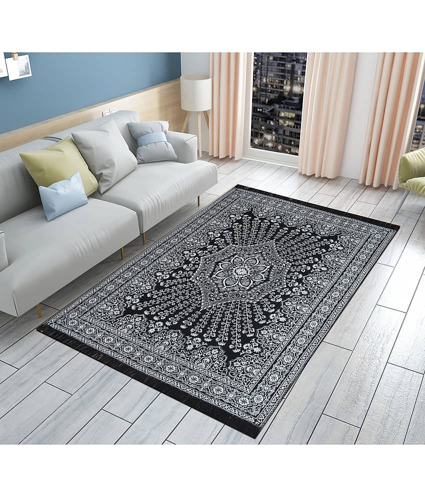 FURNISHING HUT Black Cotton Carpet Floral 5x7 Ft