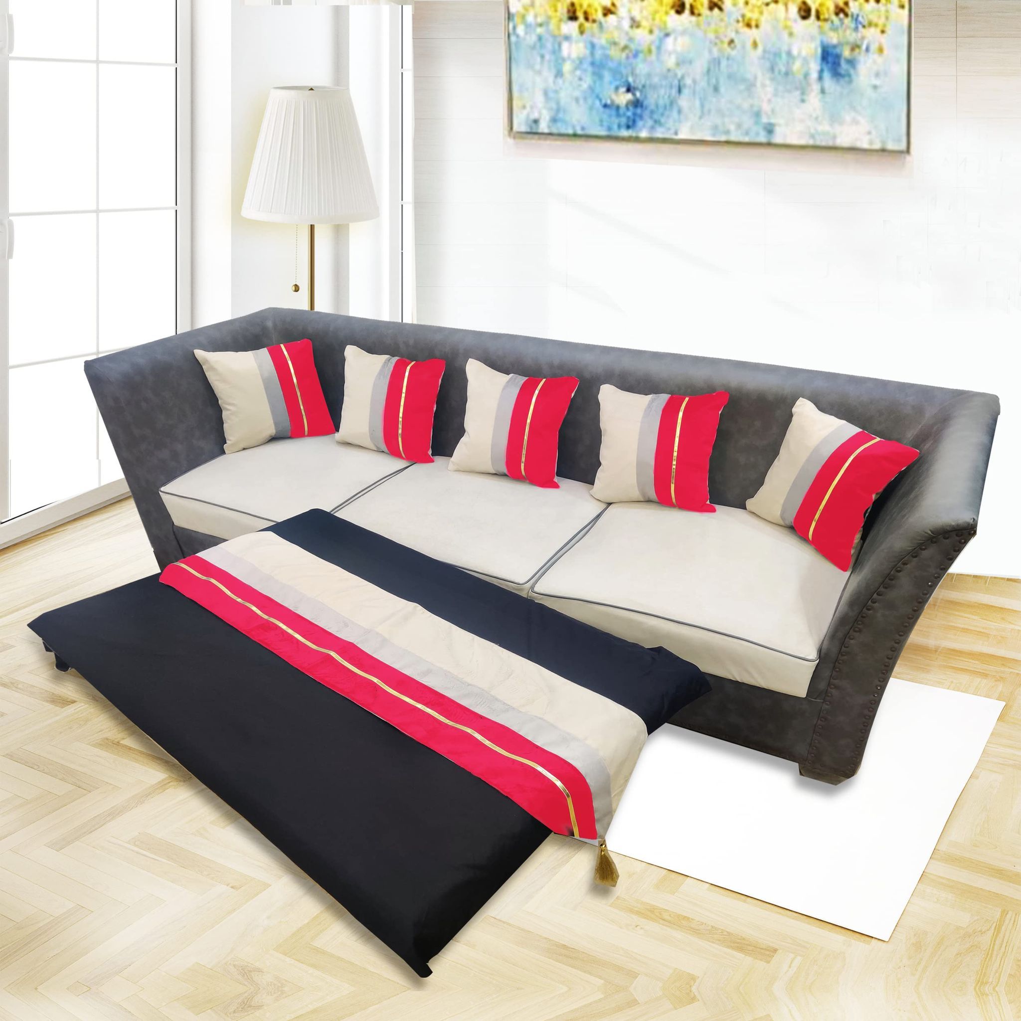 Pink Beige Gold Leather Velvet 5 Cushion Covers and 1 Table Runner Combo Luxury Modern Pillow Cover Decorative Pillow for Sofa Living Room Bedroom |16X16 Inch Cushion Cover I12 X 59 Inch Runner
