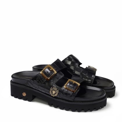 Deep Cut Croco Black straps Super Chunky Sole Slide-in Slippers-40/6