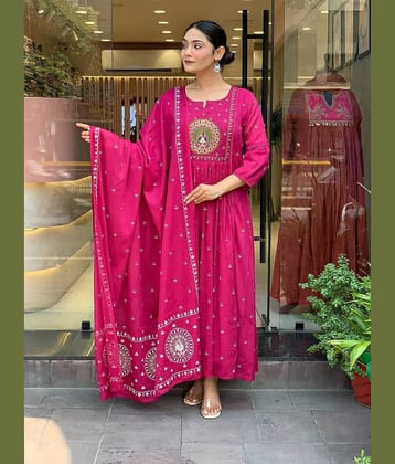 PURVAIYA CREATION Women Cotton Silk Embroidered Anarkali Kurti With Pants ( Pink )