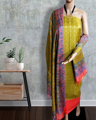 Katan Silk Textured Blockprint Gold Yellow Suit
