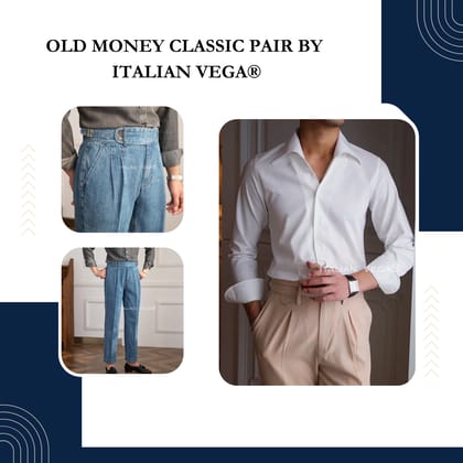 Old Money White Shirt with Sky Blue Denim Signature Buttoned Gurkha Pant by ITALIAN VEGA®-M / 28