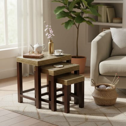 Wooden Brown Stool Set of 3 | Bedside Home Decor Furniture
