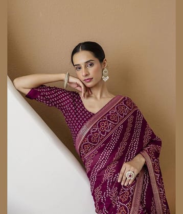 Samah Chiffon Printed Bandhani Sarees With Unstitched Blouse Piece ( Purple )