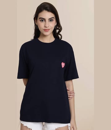 Fabflee Women Cotton Printed Oversized Fit Round Neck T-Shirt ( Navy )