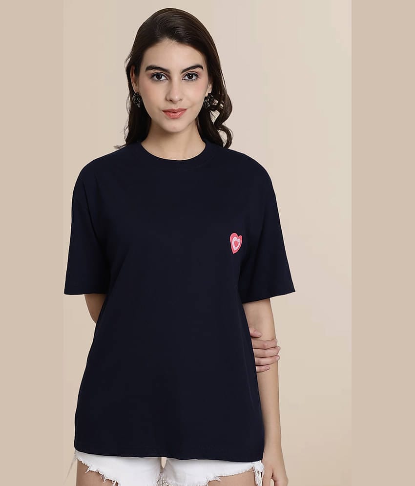 Fabflee Women Cotton Printed Oversized Fit Round Neck T-Shirt ( Navy )