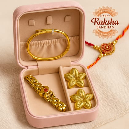 Rakhee Gift Hamper - 1 Brass Rakhee + 18K Gold Plated Bracelet & Earring