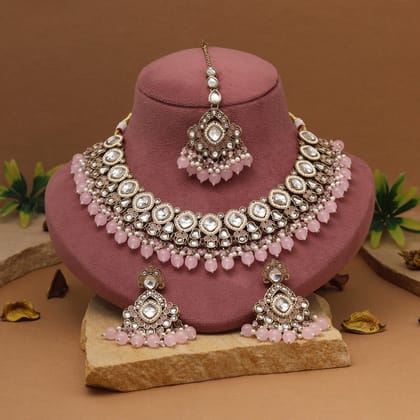 Blush Pink Color Kundan Necklace Set-Necklace Length: 22.00 CM x Width: 4.00 CM / Pink / Alloy With Good Quality Gold Plated