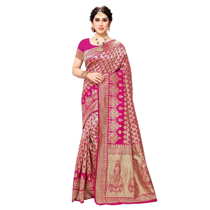 Generic Women's Jacquard Silk Kanjivaram Jacquard Silk Saree With Blouse (Pink, 5-6  Mtr)