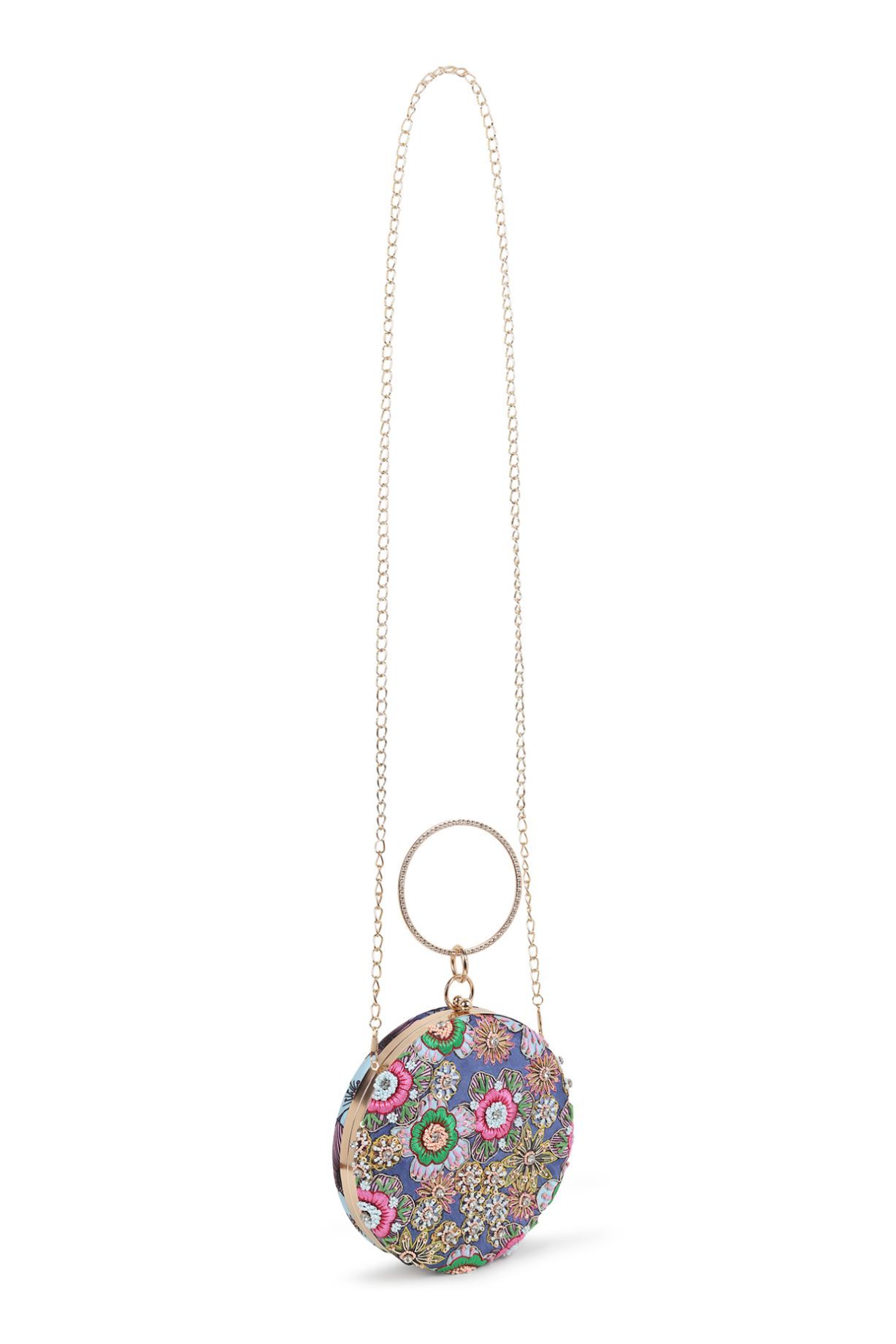 Blue Satin Printed & Thread Work Round Clutch
