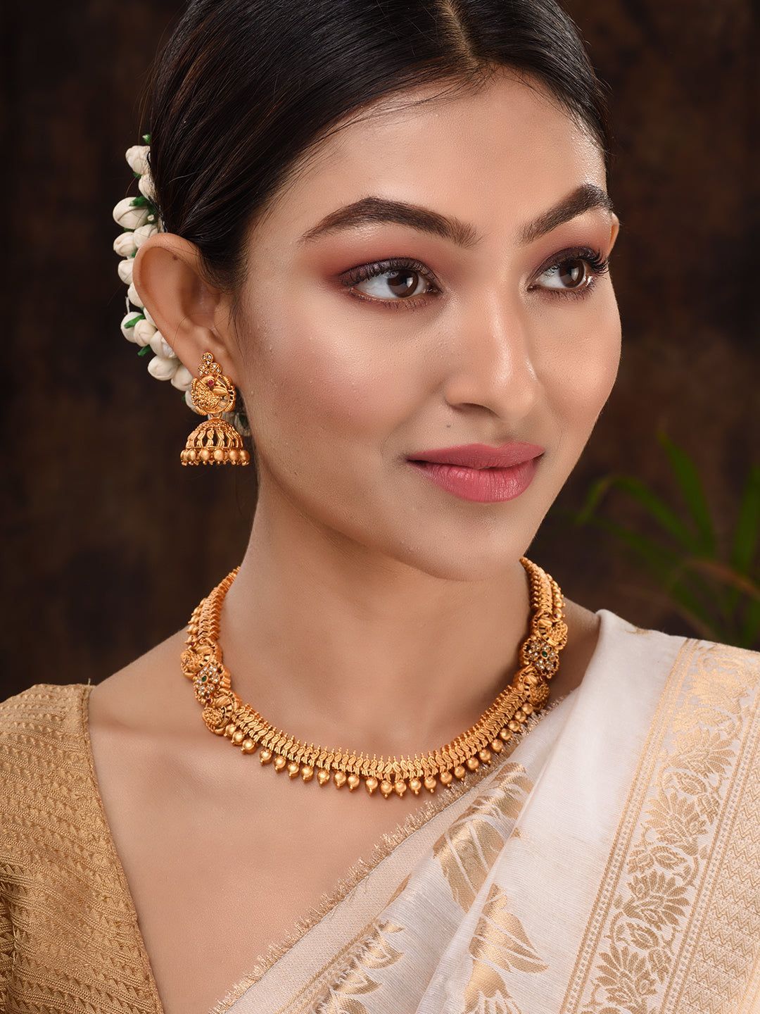 Gold Plated stone studded Peacock Temple Jewellery Set Jhumki Earrings