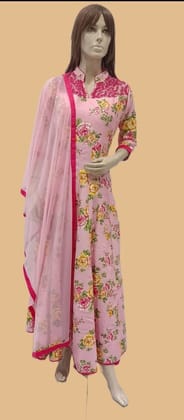 Woman's Pink Designer Neck Full Length Printed Kurta Churidar Set With Dupatta-H-6099 . / Pink / M