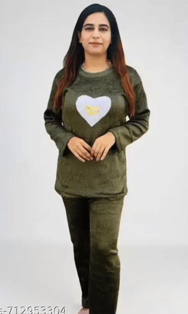 Stylish fleece Nightsuit with heart print.