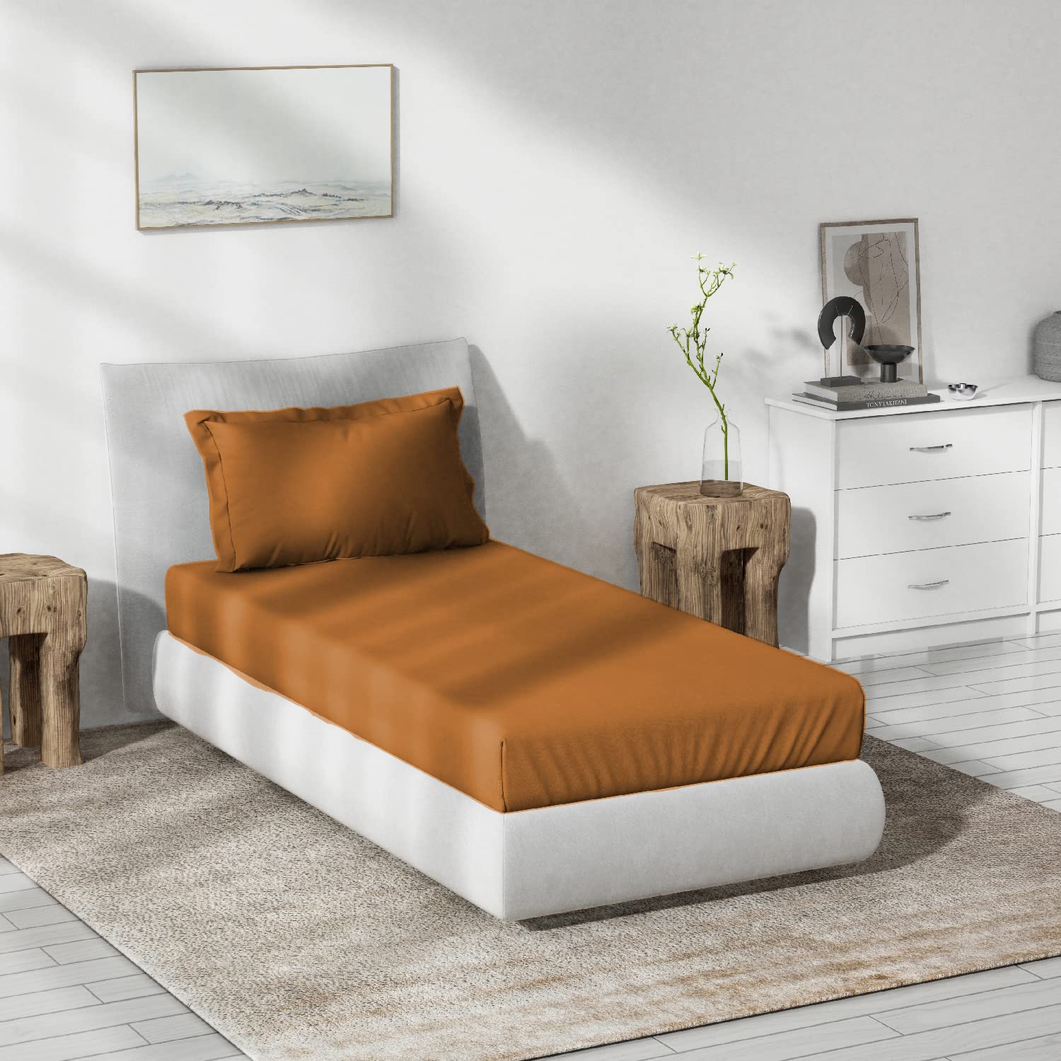 Ddecor - Pack of 1 Plain 100% Cotton Single Bedsheet with 2 Pillow Covers - Brown