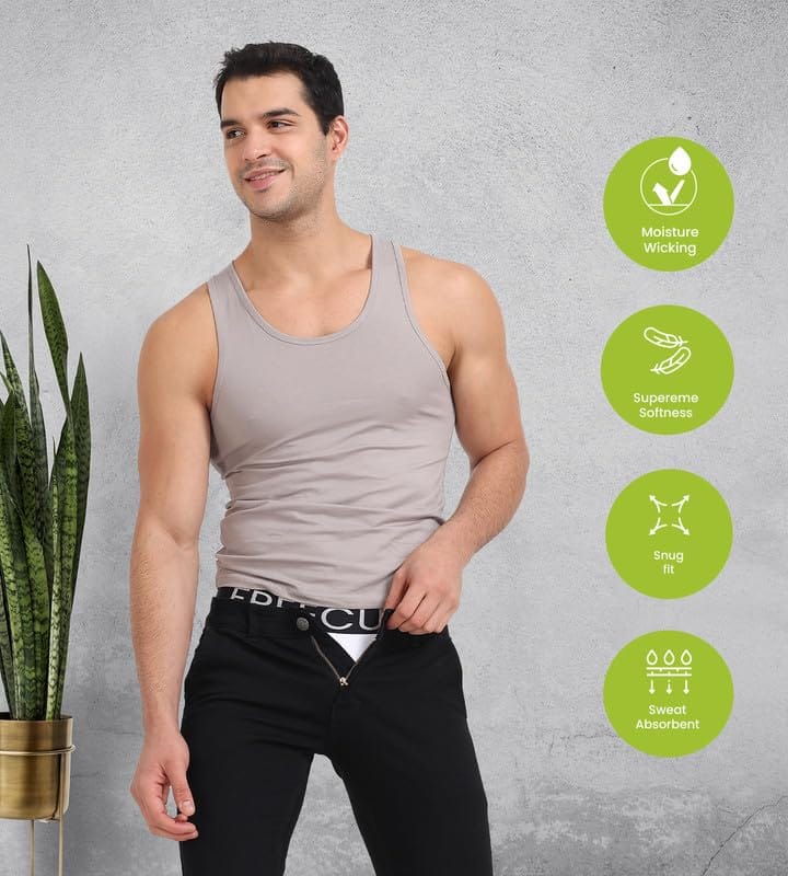 Freecultr Cotton Vest for Men Sleeveless Lightweight Solid Round Neck Comfort Vests Breathable & Comfortable Innerwear Sando for Man Regular Fit Pack of 2-Black,Light Grey