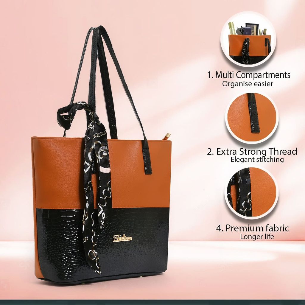 Elegant Two-Tone Handbag with Scarf Accent