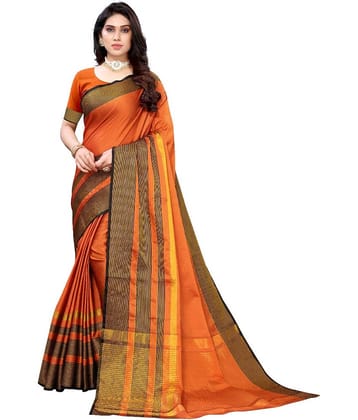 SMART NJ Cotton Self Design Saree With Unstitched Blouse Piece ( Orange )