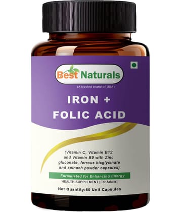 Best Naturals Iron + Folic Acid Capsules Supports Healthy Red Blood Cells, Energy Levels & Immune Function 60 No.s