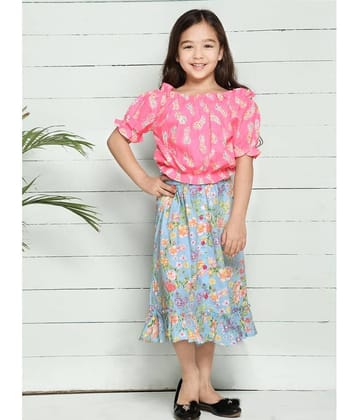 Baby Pink Blue Pineapple Print Bardot Top with Floral Skirt Set