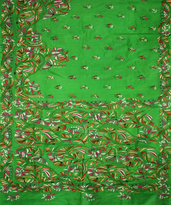 Dark pastel green tussar silk handloom kantha stitch saree