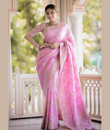 YUG ART Banarasi Silk Embellished Saree With Unstitched Blouse Piece ( Rama )