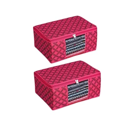 Bindian Multipurpose Saree Cover for Wardrobe Storage | Premium Non-Woven Fabric Cloth Organizer Box with Transparent Window & Zipper | Ideal for Storing Sarees & More (Red Lining, Pack of 2)