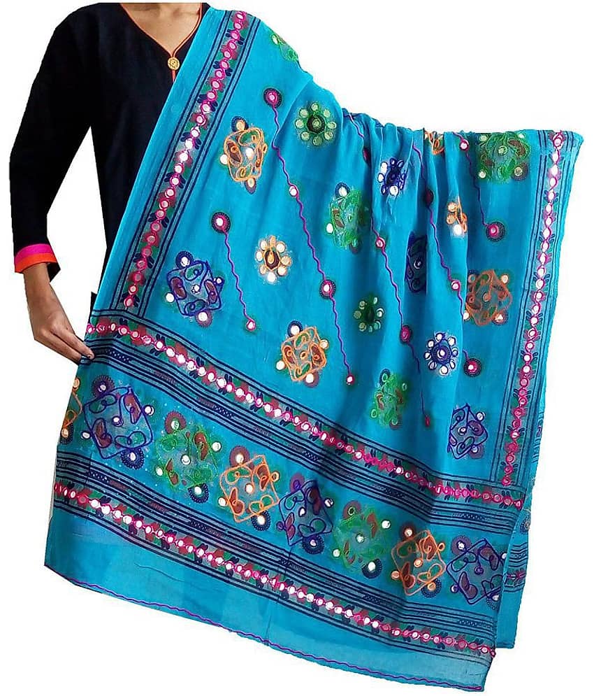 Raj Blue Cotton Hand Embroidered Dupatta