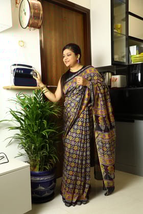 Evening Star-Ajrakh Printed Chanderi Silk / Chanderi Silk / Blue-Black and Orange