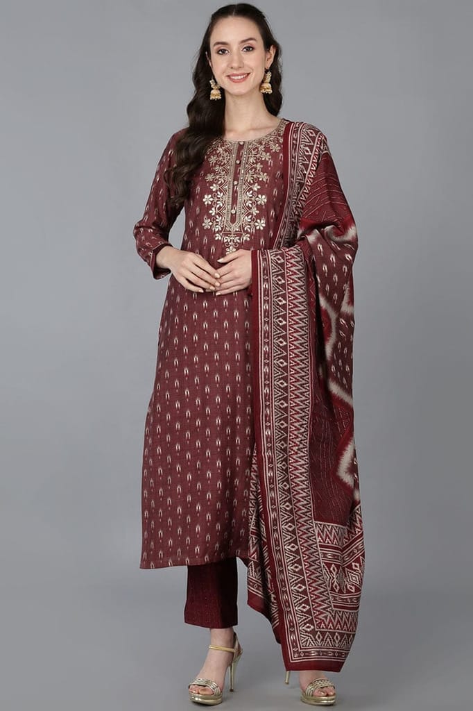 Affordable Women Maroon Silk Blend Geometric Straight Kurta Trousers With Dupatta VKSKD1697 2026