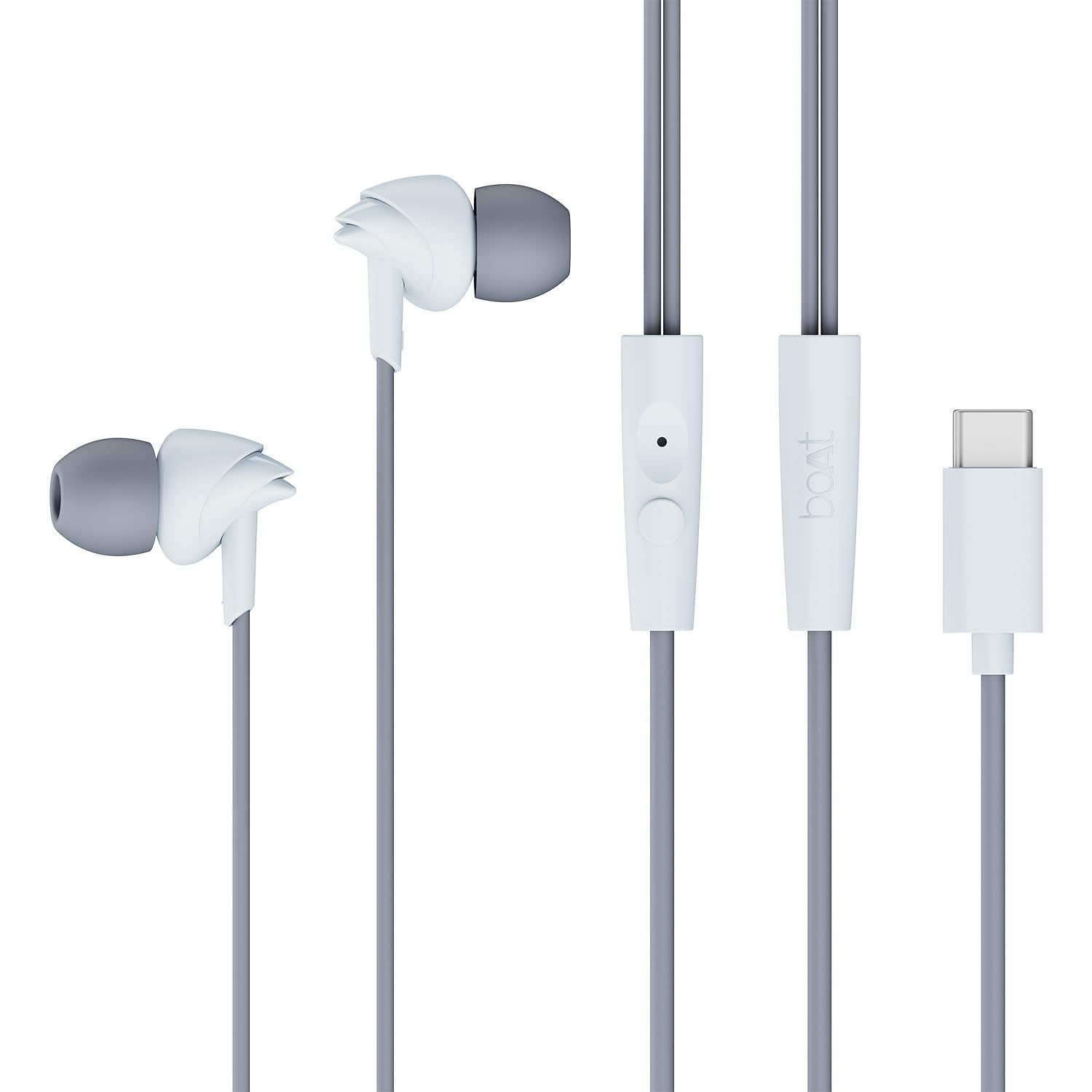 Boat Bassheads 300C Wired Earphones,Type-C Jack, 10mm Drivers, Signature Sound, in-Line Microphone, Integrated Controls, Voice Assistant & 120cm Cable (Cool Grey) Boat Bassheads 300C Wired Earphones,Type-C Jack, 10mm Drivers, Signature Sound, in-Line Mic