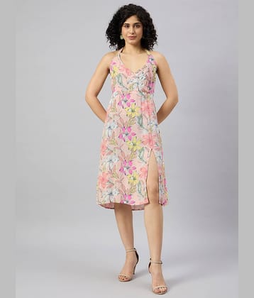 Kuwarii Women Polyester Printed Side Slit Dress ( Beige )