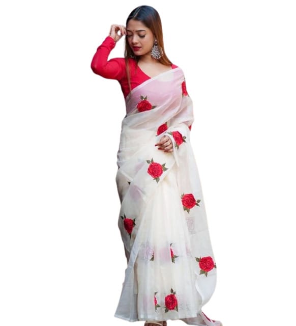 Women's Linen Floral Printed Saree With Unstitched Blouse - 5.5 Mtr (White-Red)