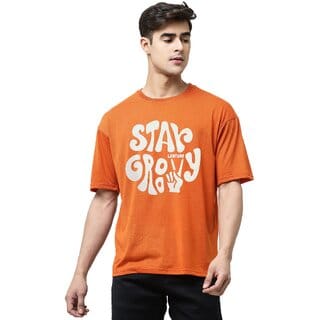 Leotude Men Orange Printed Cotton Blend T-Shirt