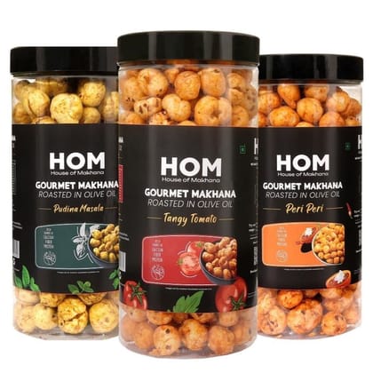 GOURMET MAKHANA Roasted in Olive Oil | Flavors Tangy Tomato, Pudina Masala and Peri Peri | Combo Of 3, 65g Each. - 195 gm