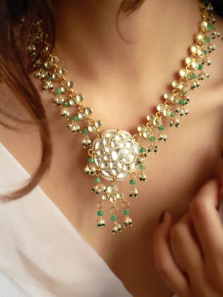 Lorah Mint Green Kundan Necklace-Green