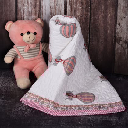 Hand Block Printed Cotton Baby Quilted Blanket (Light Rajai) – Quilted, 60x40 inches (100x150 cm) Peach pink Baloon