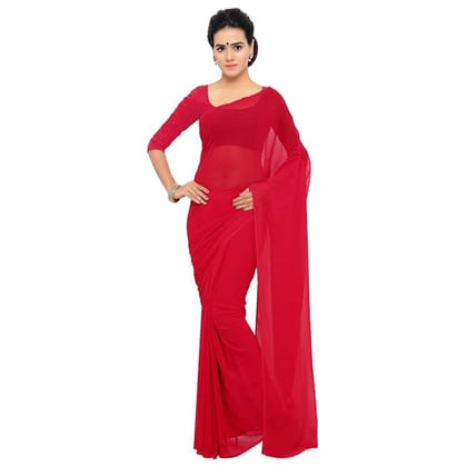 Generic Women's Georgette Plain Saree with Blouse (Red, 5 - 6 Mtrs)