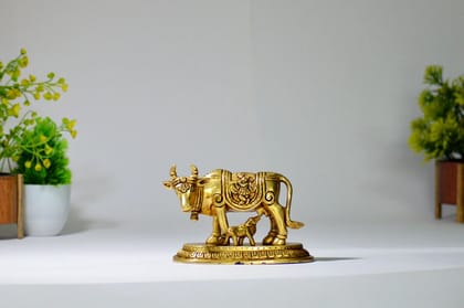 Kamdhenu Cow and Calf Brass Statue (Color - Golden, Size - 4H * 5.5L * 3B) by Snova Enterprises