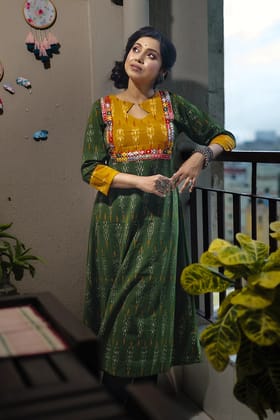 Ikat Cotton A line Kurta with Diamond neck & Mirror Work Lace Details, Bottle Green,  KI1019-S