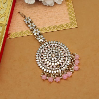 Pink Color Mirror Work Maang Tikka (MTK540PNK)-Length: 16.00 CM x Width: 6.00 CM / Pink / Alloy With Good Quality Gold Plated