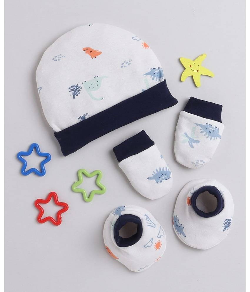 BUMZEE White & Navy Boys Cotton Cap Mitten Bootie Set Age - 0-3 Months