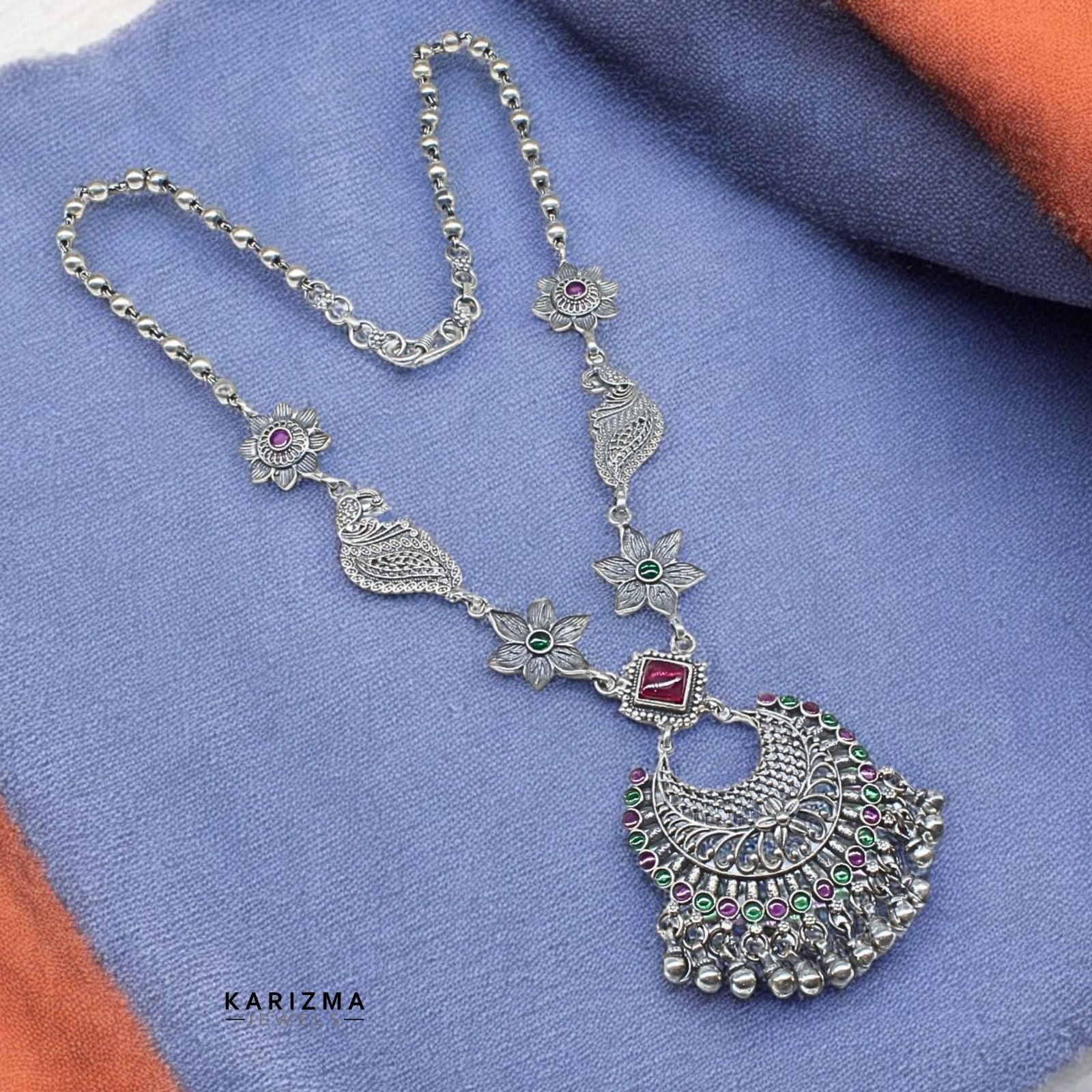 925 Indian Real Silver handmade Oxidized peacock style women floral Necklace 27"