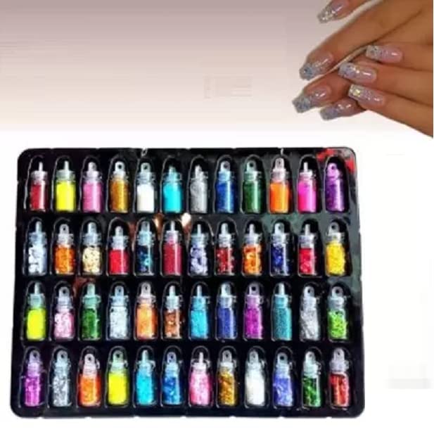 Elecsera 48 Pcs Glass Bottles 3D Nail Art Set. Glitter Sequins Rhinestones (Multicolor)